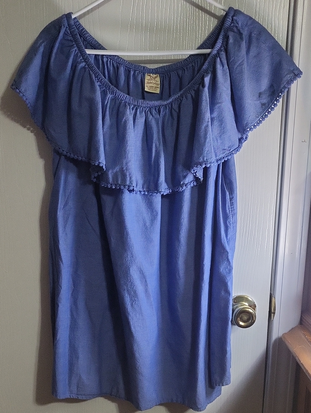 Shirt- Faded Glory Blue Off-Shoulder Ruffle #3194